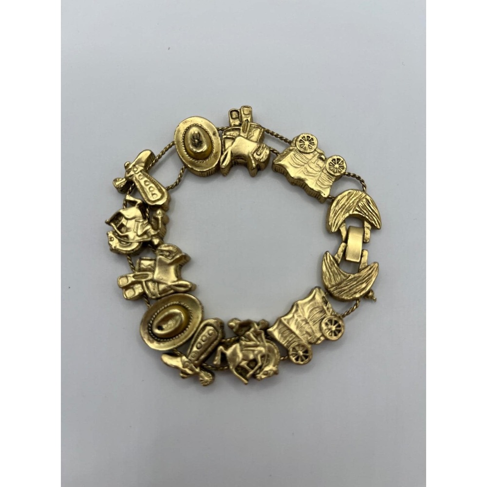 Vintage 1995 BG Western Slide Charm Bracelet Gold Tone Cowboy Boot‎ Hat Wagon